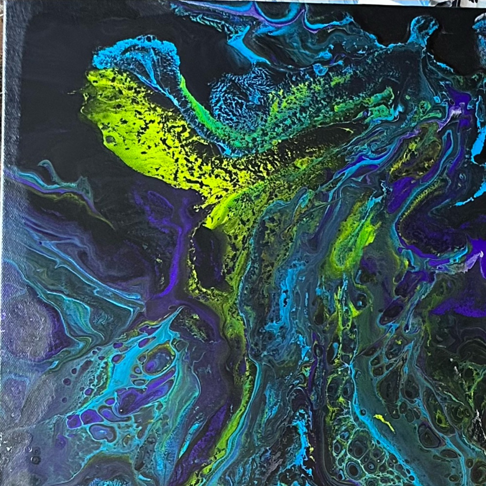 Abstract painting with bright blues and greens